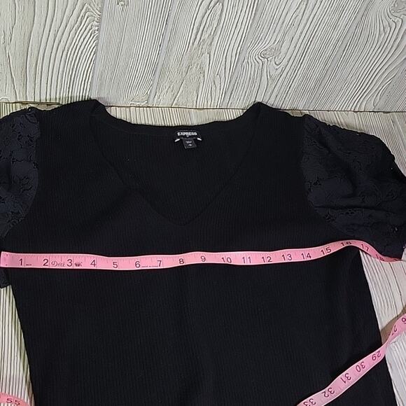 Express Black Lace Puff Sleeve V Neck  Sweater Top Womens Size Medium - Picture 7 of 8